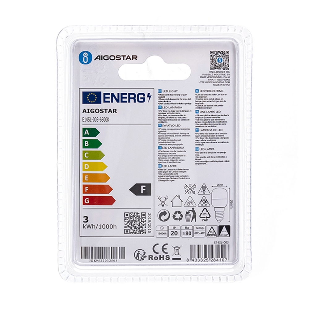 Lampadina Led da frigorifero E14 T26 2,5W Bianco freddo 6500K Aigostar - Foto 3