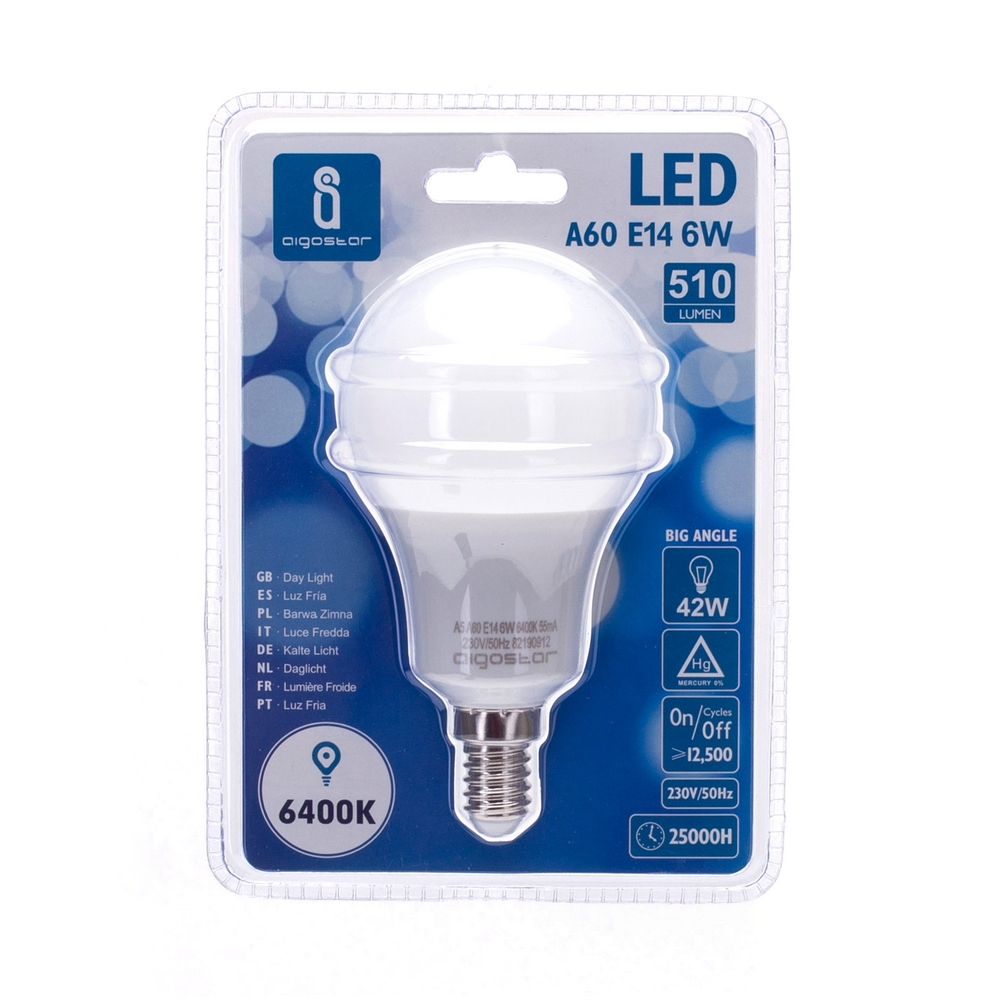 Lampadina Led E14 A60 a bulbo 6W Bianco freddo 6400K Aigostar - Foto 1