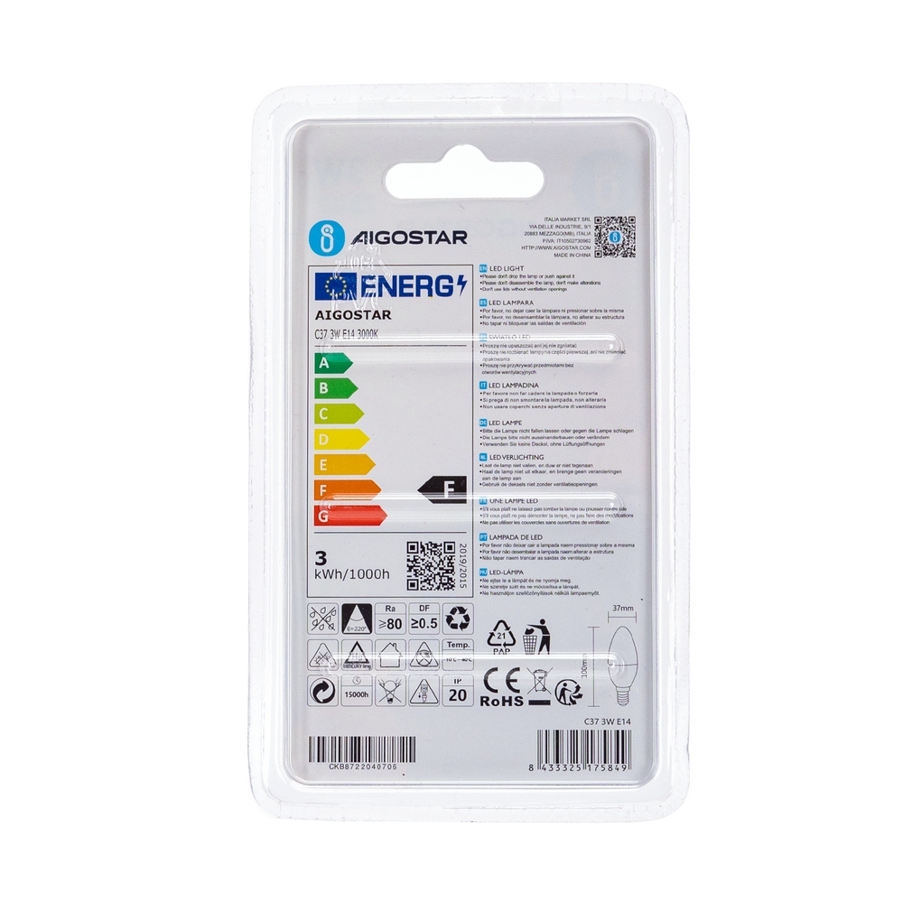 Lampadina Led E14 C35 a candela 3W Bianco caldo 3000K Aigostar - Foto 3