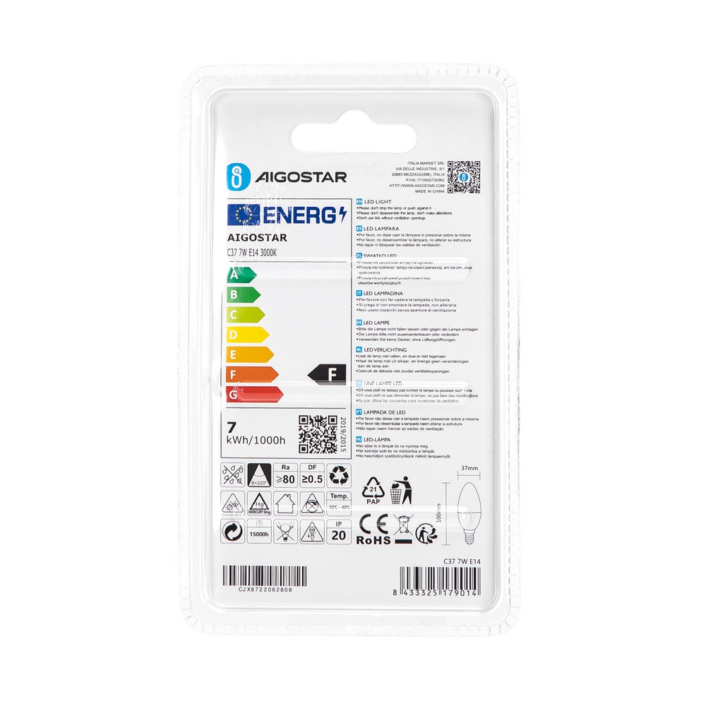 Lampadina Led E14 C35 a candela 7W Bianco caldo 3000K Aigostar - Foto 3
