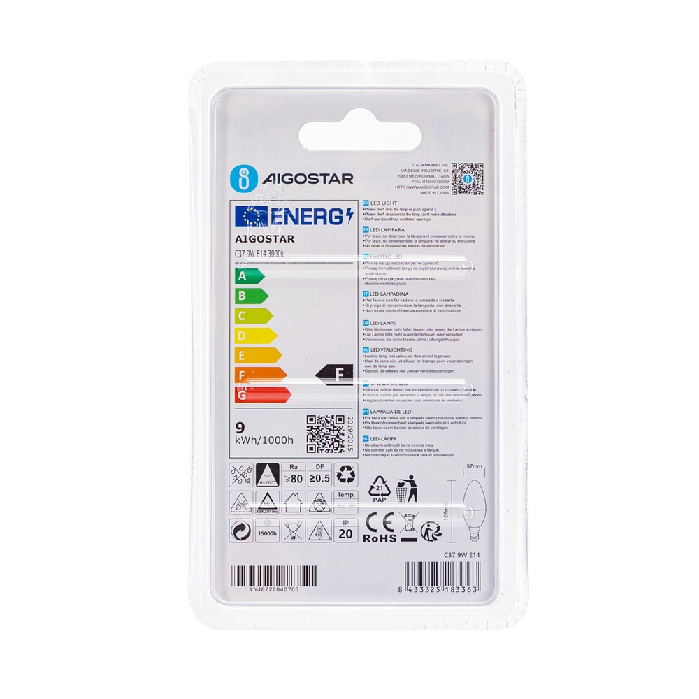 Lampadina Led E14 C37 a oliva 9W Bianco caldo 3000K Aigostar - Foto 3