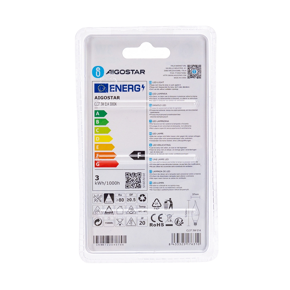 Lampadina Led E14 CL37 a colpo di vento 3W Bianco caldo 3000K Aigostar - Foto 3