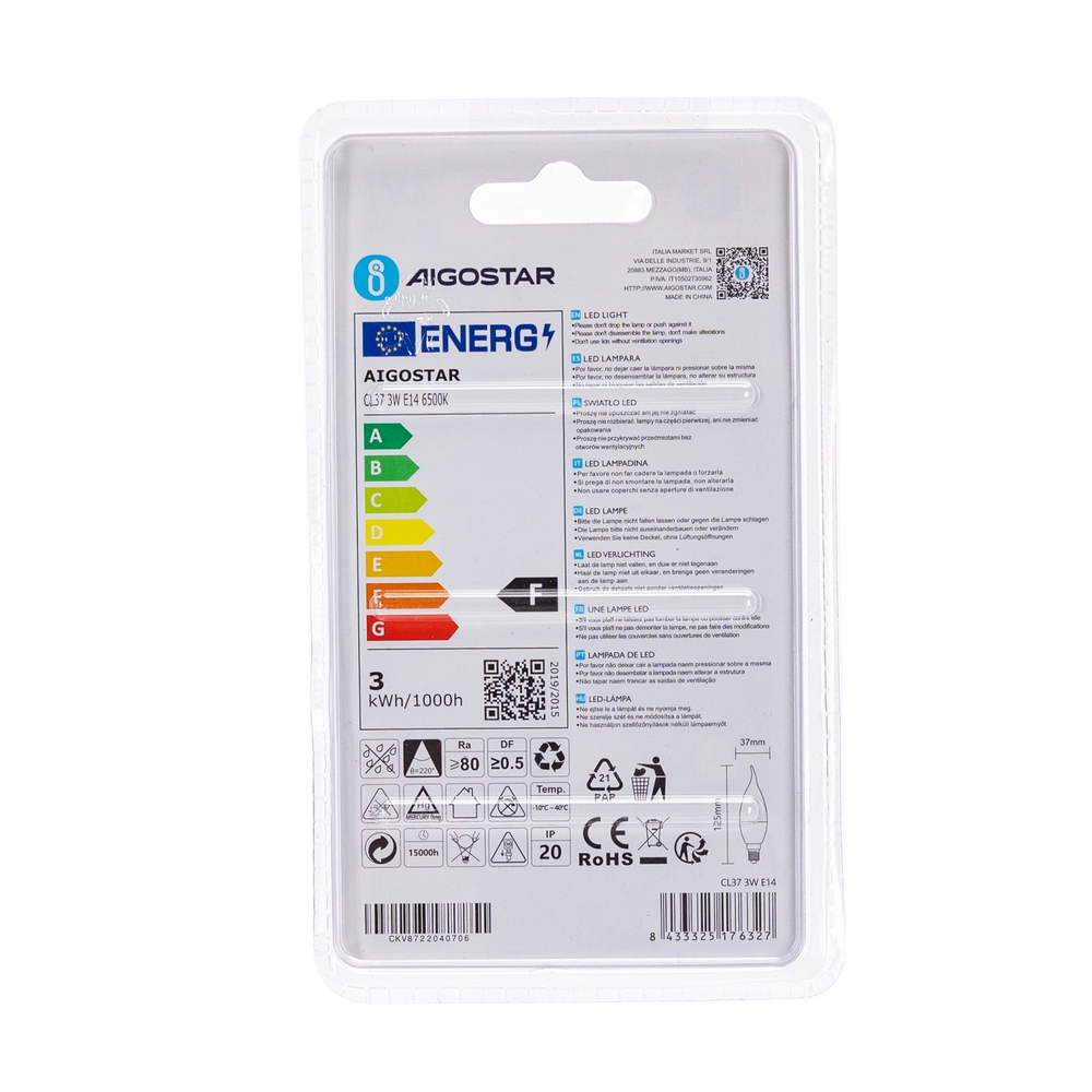 Lampadina Led E14 CL37 a colpo di vento 3W Bianco freddo 6400K Aigostar - Foto 3