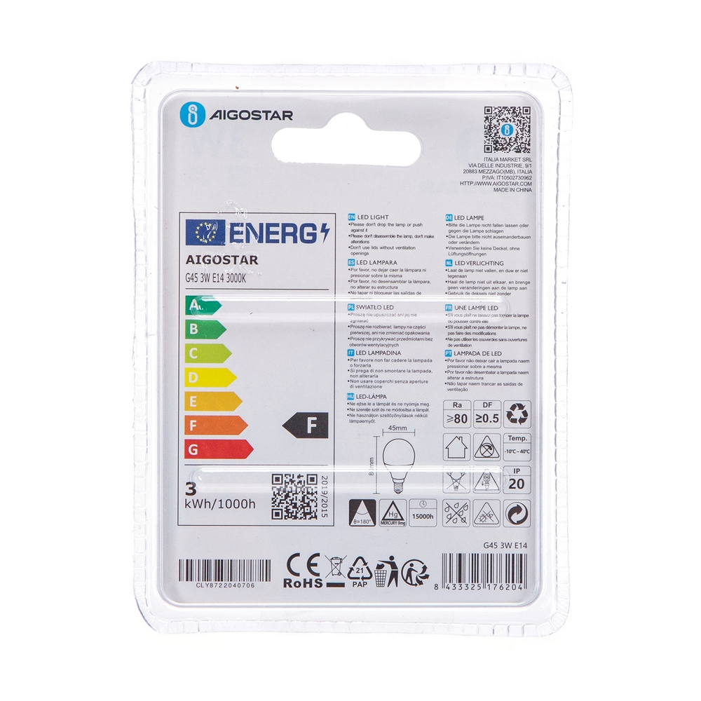 Lampadina Led E14 G45 a sfera 3W Bianco caldo 3000K Aigostar - Foto 3