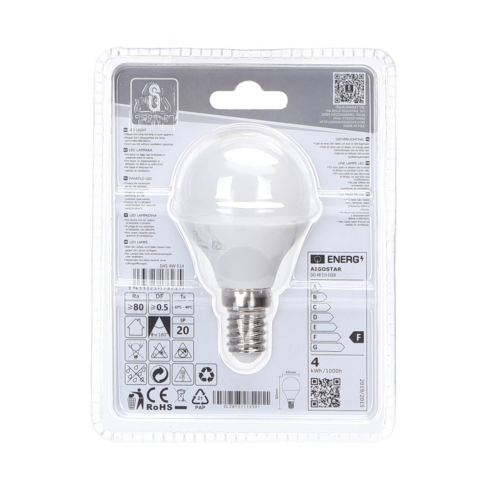 Lampadina Led E14 G45 a sfera 4W Bianco freddo 6400K Aigostar - Foto 3