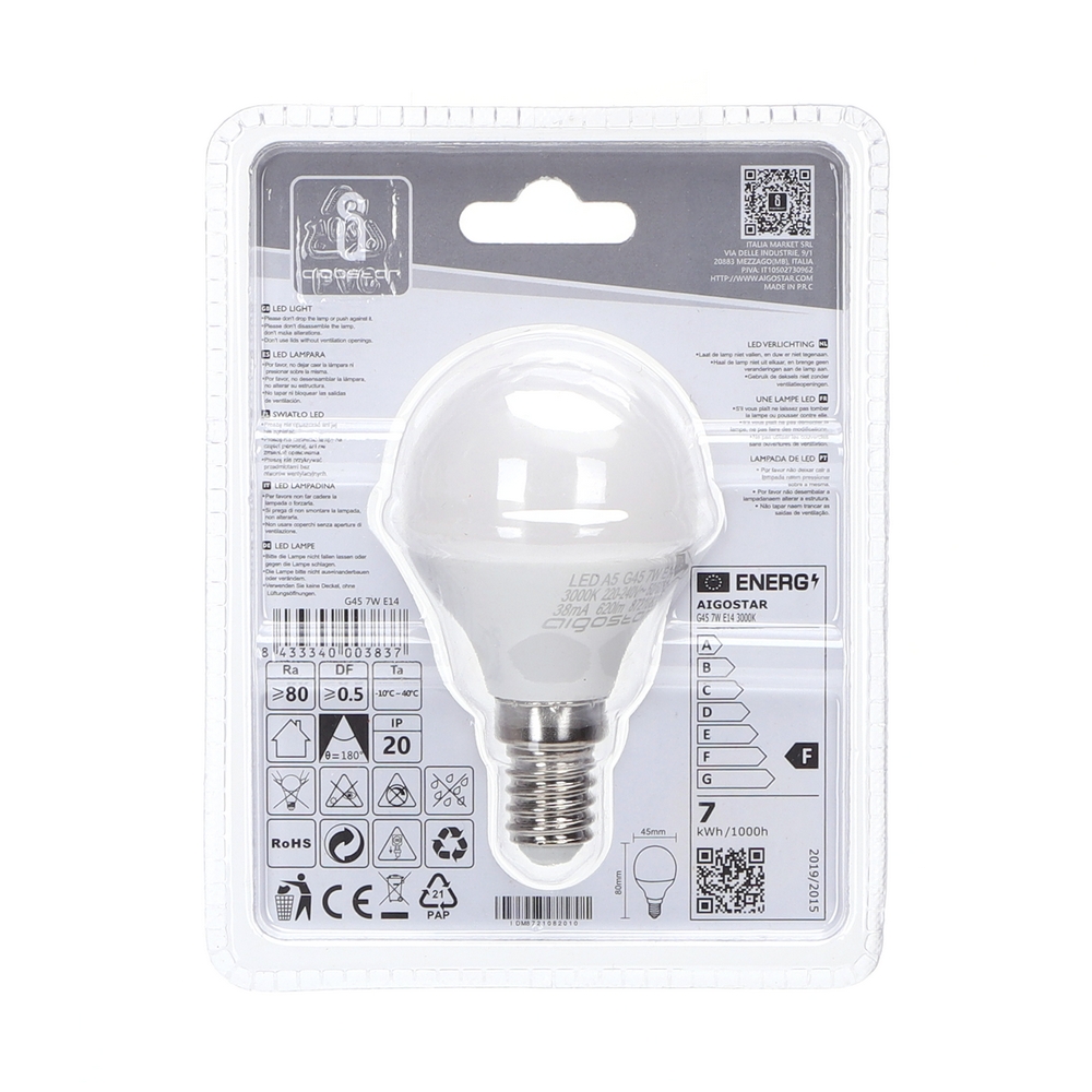 Lampadina Led E14 G45 a sfera 7W Bianco caldo 3000K Aigostar - Foto 3