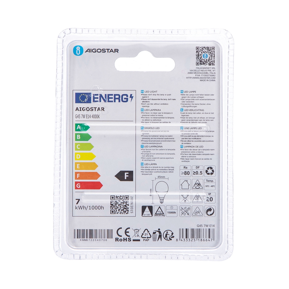 Lampadina Led E14 G45 a sfera 7W Bianco neutro 4000K Aigostar - Foto 3