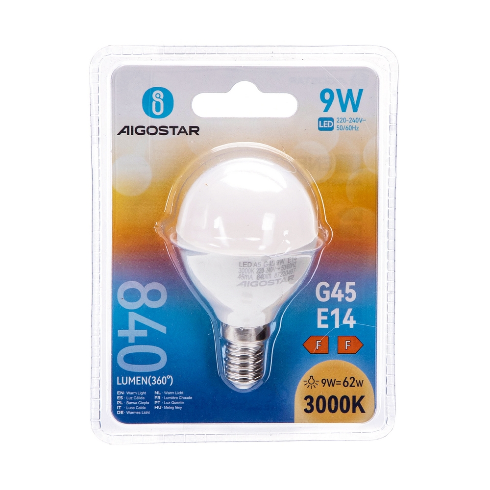 Lampadina Led E14 G45 a sfera 9W Bianco caldo 3000K Aigostar - Foto 2