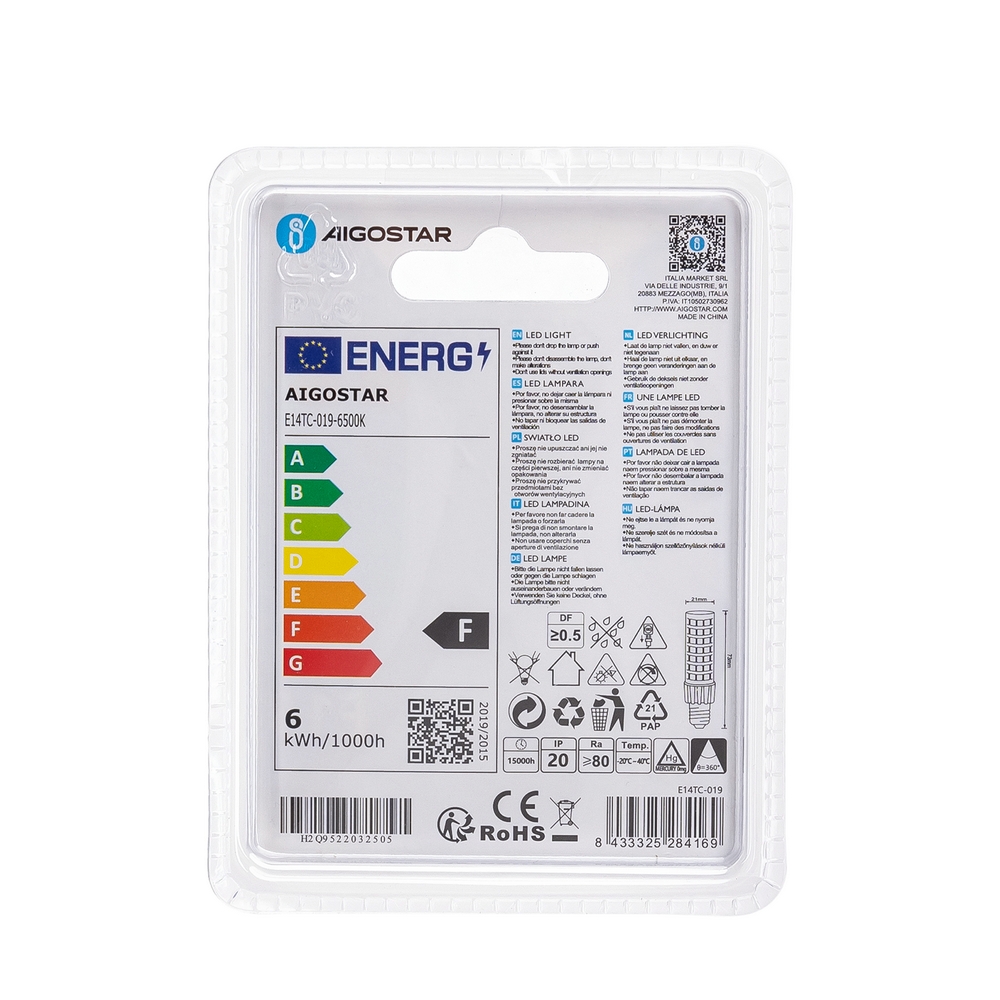 Lampadina Led E14 T22 6W Bianco freddo 6500K Aigostar - Foto 3