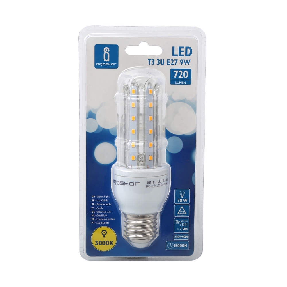 Lampadina Led E27 a tubo a U 9W Bianco caldo 3000K Aigostar - Foto 1