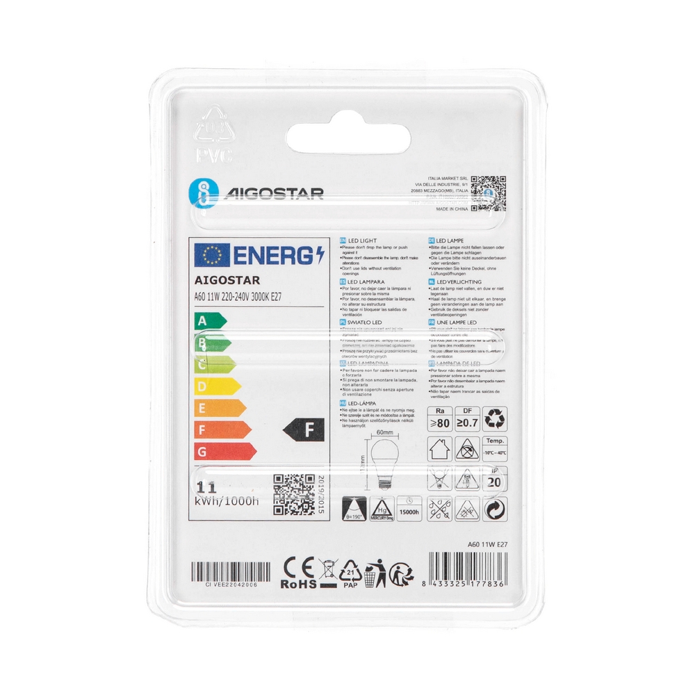 Lampadina Led E27 A60 a bulbo 11W Bianco caldo 3000K Aigostar - Foto 3