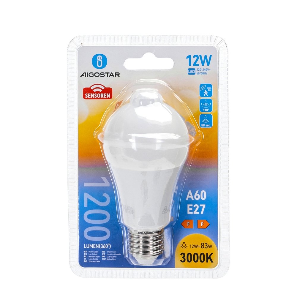 Lampadina Led E27 A60 a bulbo 12W Bianco caldo 3000K con sensore di movimento Aigostar - Foto 2