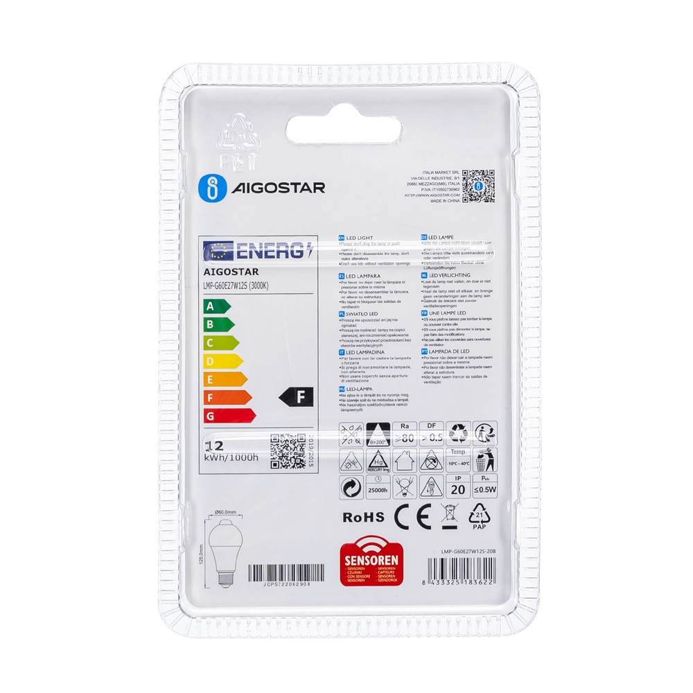 Lampadina Led E27 A60 a bulbo 12W Bianco caldo 3000K con sensore di movimento Aigostar - Foto 3