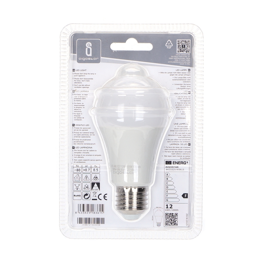 Lampadina Led E27 A60 a bulbo 12W Bianco freddo 6500K con sensore di movimento Aigostar - Foto 3