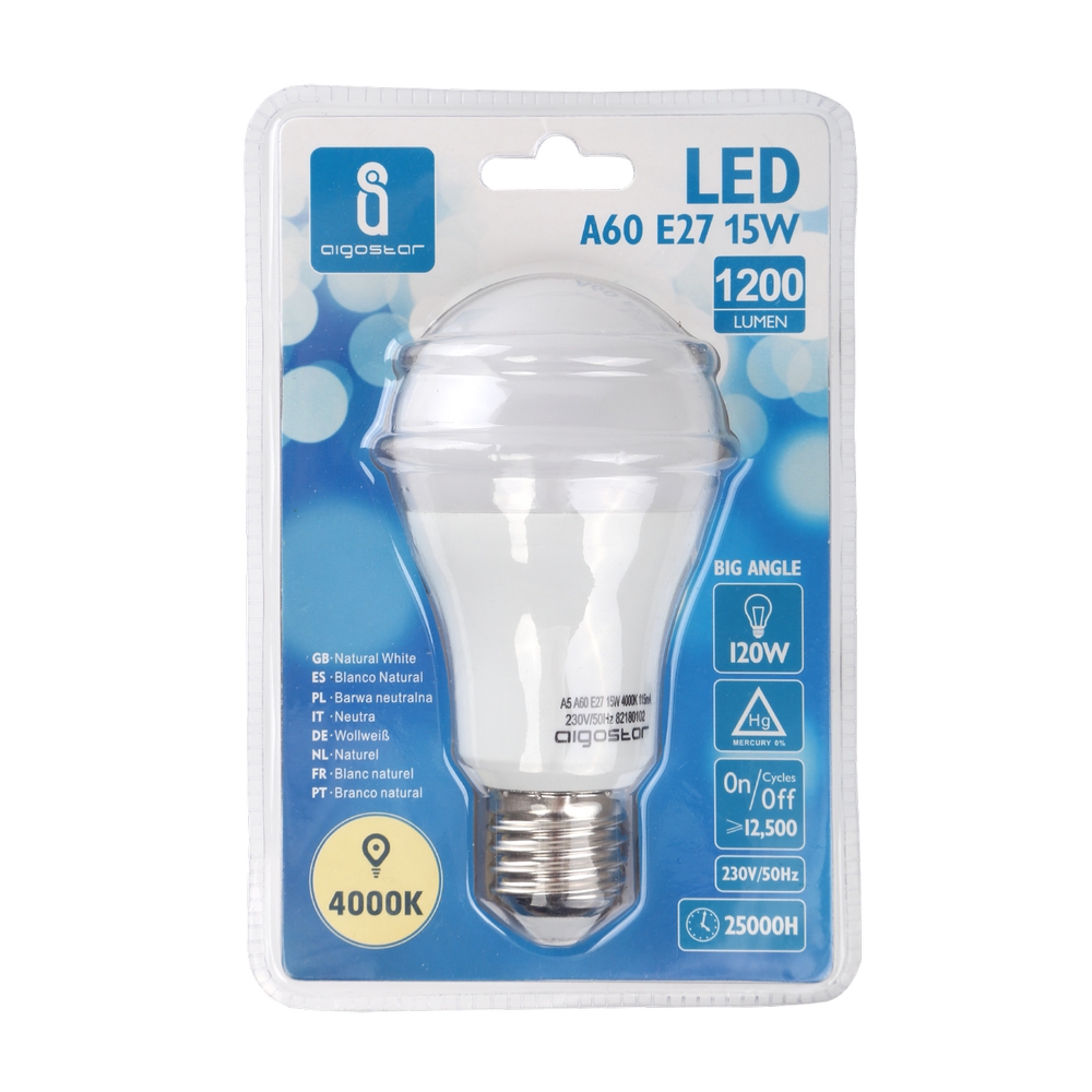 Lampadina Led E27 A60 a bulbo 15W Bianco neutro 4000K Aigostar - Foto 2