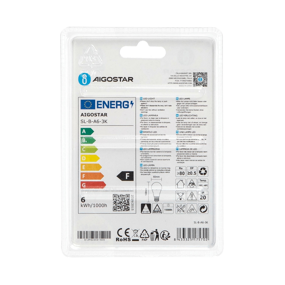 Lampadina Led E27 A60 a bulbo 6W Bianco caldo 3000K Aigostar - Foto 3