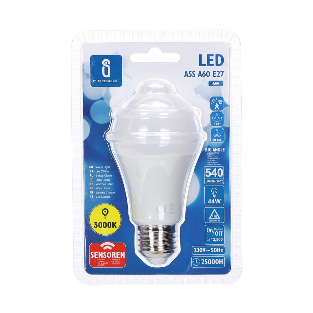 Lampadina Led E27 A60 a bulbo 6W Bianco caldo 3000K con sensore di movimento Aigostar - Foto 2