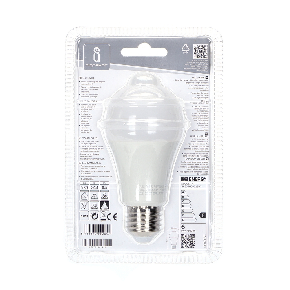 Lampadina Led E27 A60 a bulbo 6W Bianco caldo 3000K con sensore di movimento Aigostar - Foto 3