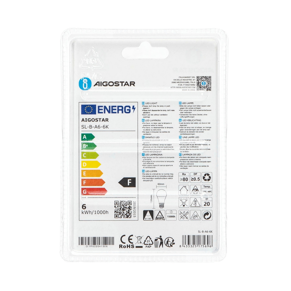 Lampadina Led E27 A60 a bulbo 6W Bianco freddo 6400K Aigostar - Foto 3