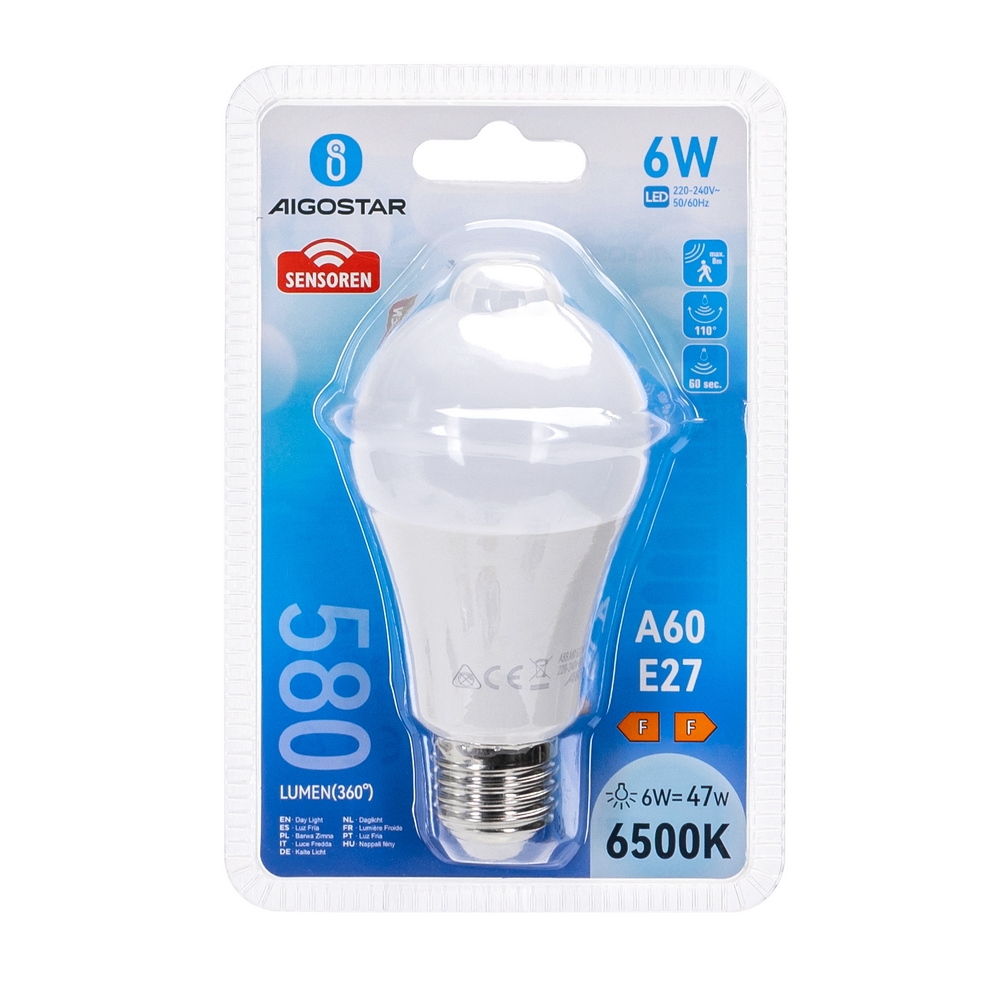 Lampadina Led E27 A60 a bulbo 6W Bianco freddo 6500K con sensore di movimento Aigostar - Foto 2