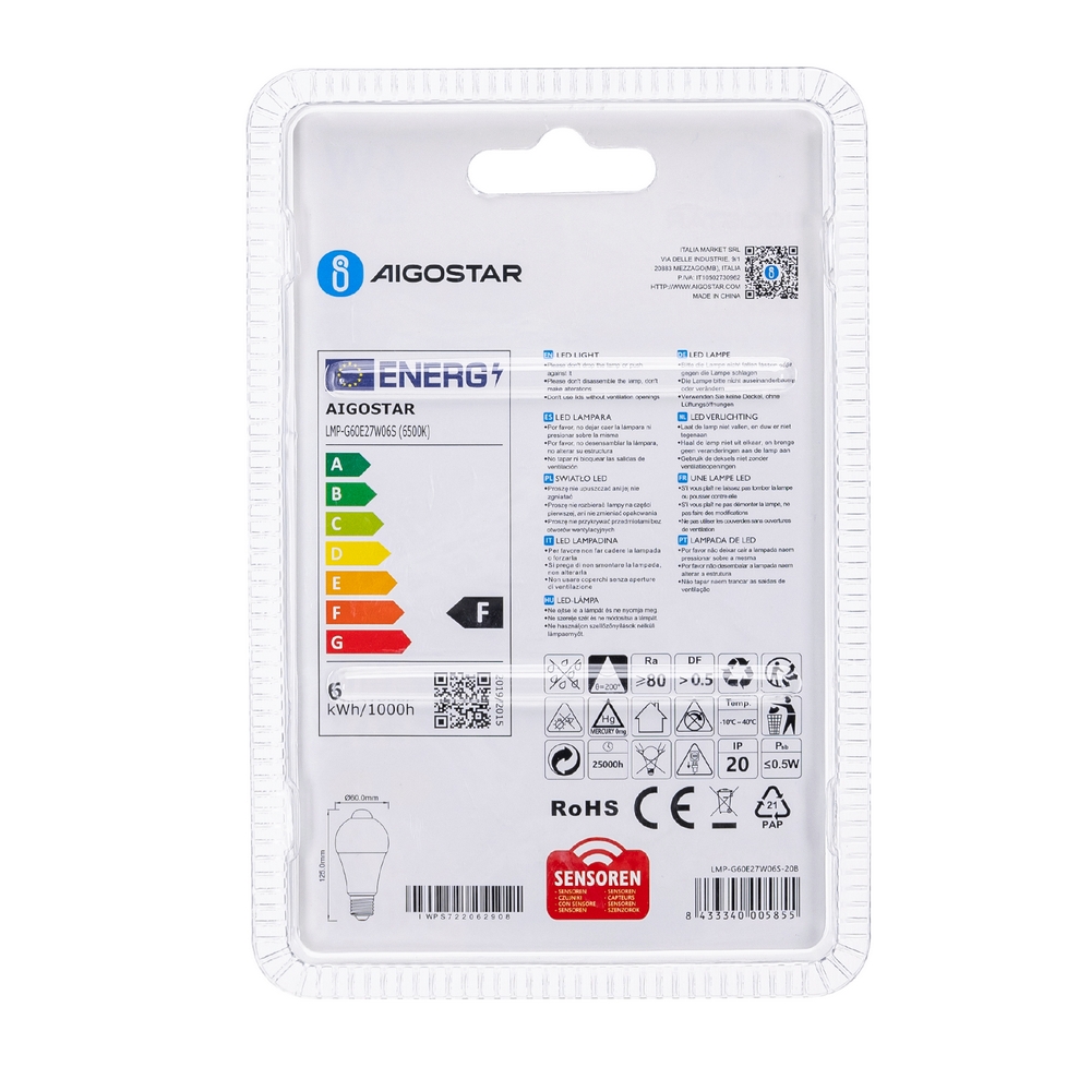 Lampadina Led E27 A60 a bulbo 6W Bianco freddo 6500K con sensore di movimento Aigostar - Foto 3