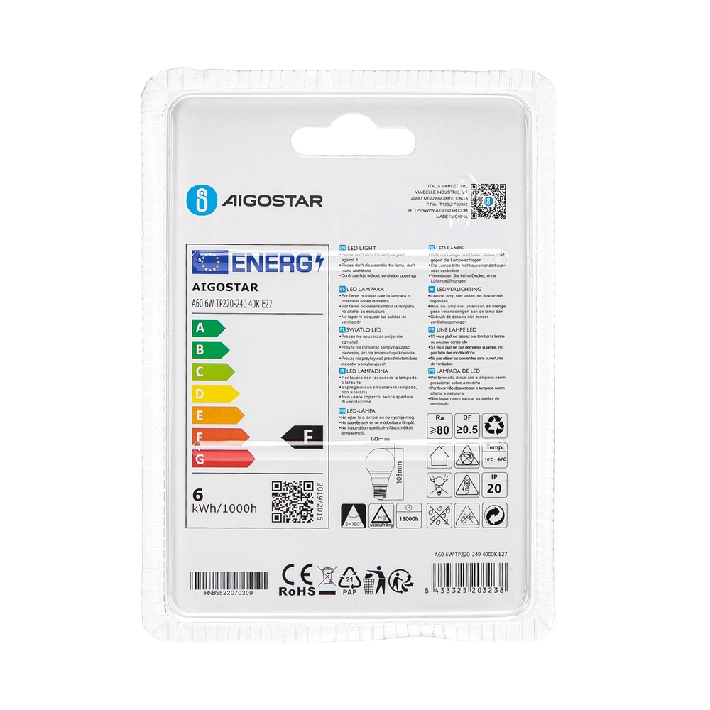 Lampadina Led E27 A60 a bulbo 6W Bianco neutro 4000K Aigostar - Foto 3