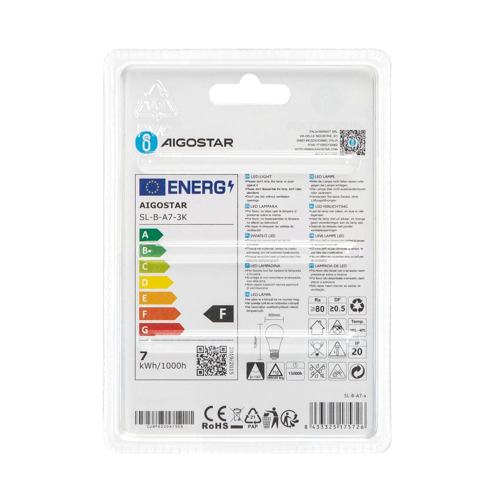 Lampadina Led E27 A60 a bulbo 7W Bianco caldo 3000K Aigostar - Foto 3