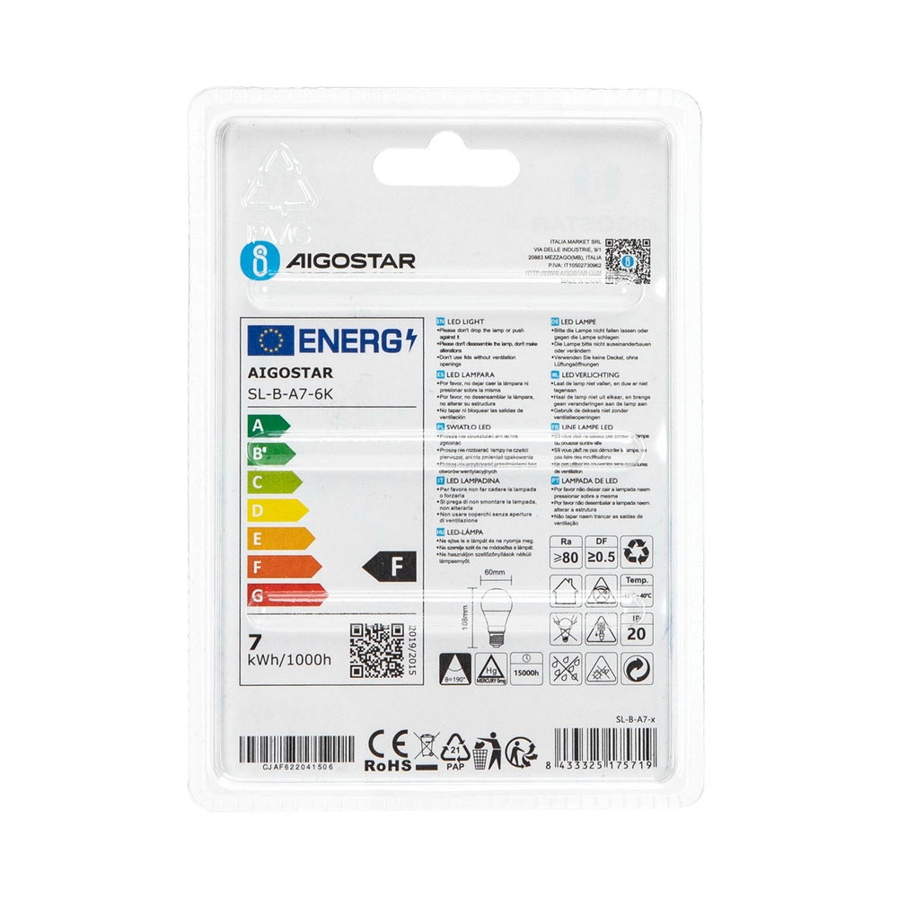 Lampadina Led E27 A60 a bulbo 7W Bianco freddo 6400K Aigostar - Foto 3