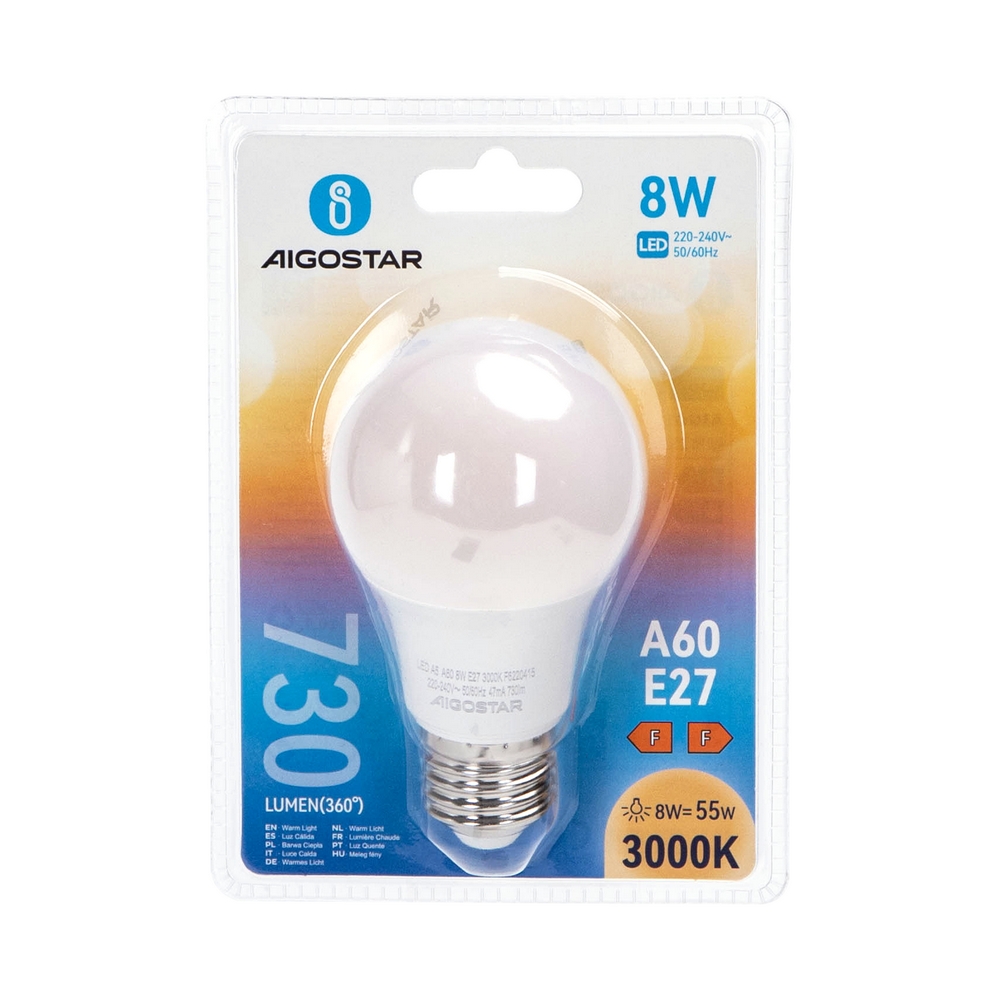 Lampadina Led E27 A60 a bulbo 8W Bianco caldo 3000K Aigostar - Foto 2