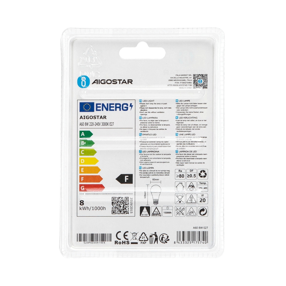 Lampadina Led E27 A60 a bulbo 8W Bianco caldo 3000K Aigostar - Foto 3