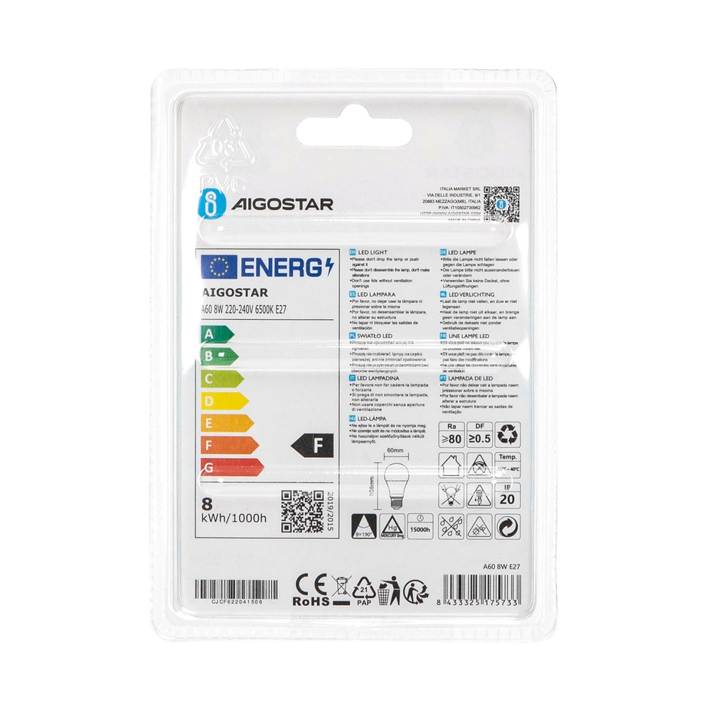 Lampadina Led E27 A60 a bulbo 8W Bianco freddo 6400K Aigostar - Foto 3