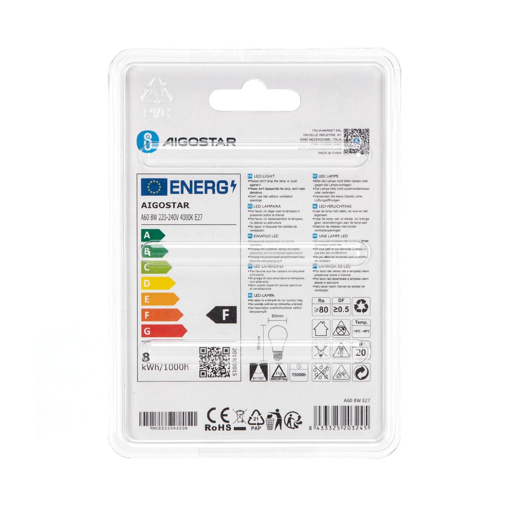 Lampadina Led E27 A60 a bulbo 8W Bianco neutro 4000K Aigostar - Foto 3