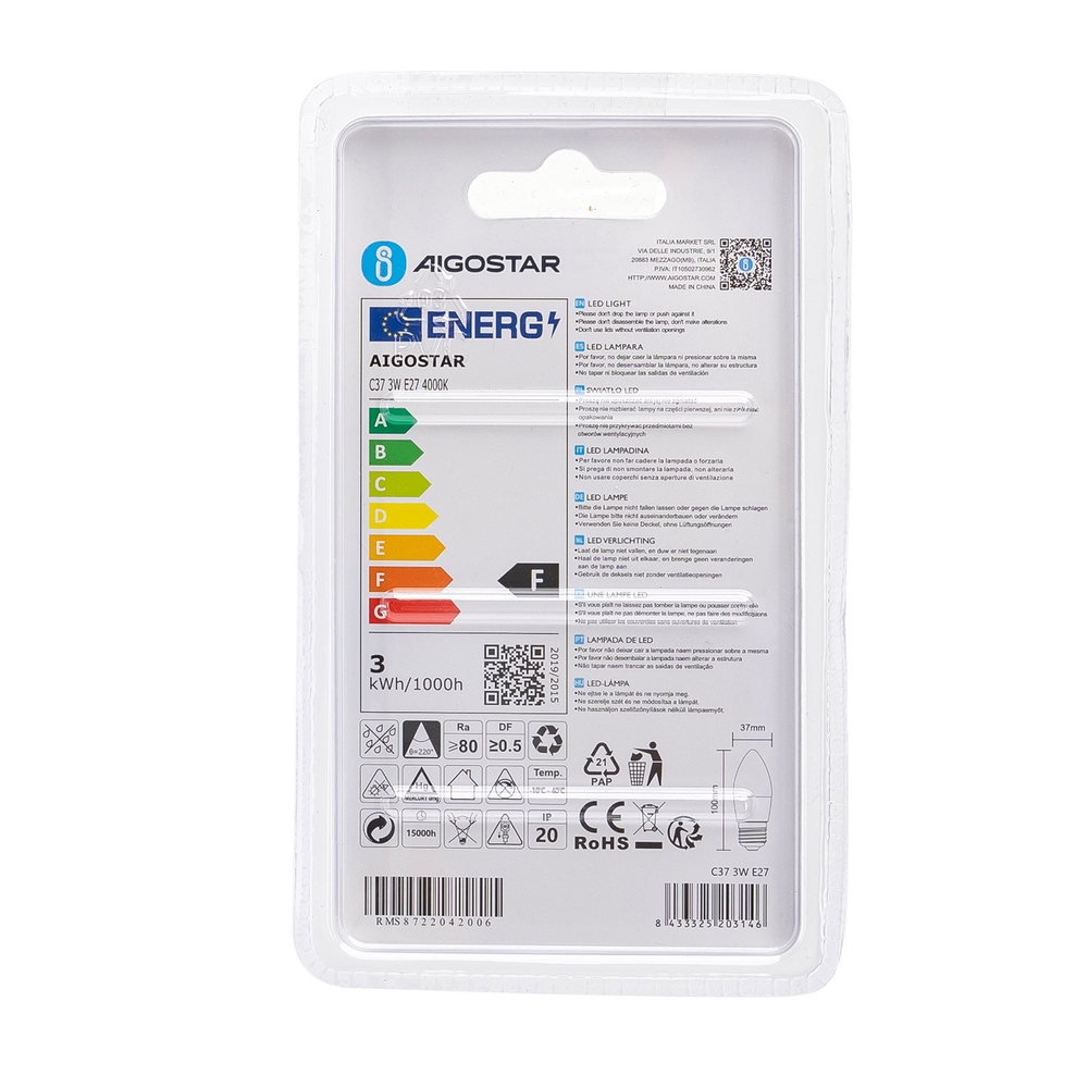 Lampadina Led E27 C35 a candela 3W Bianco neutro 4000K Aigostar - Foto 3