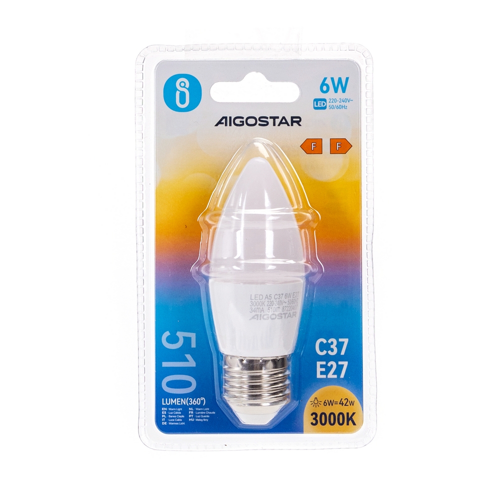 Lampadina Led E27 C35 a candela 6W Bianco caldo 3000K Aigostar - Foto 2