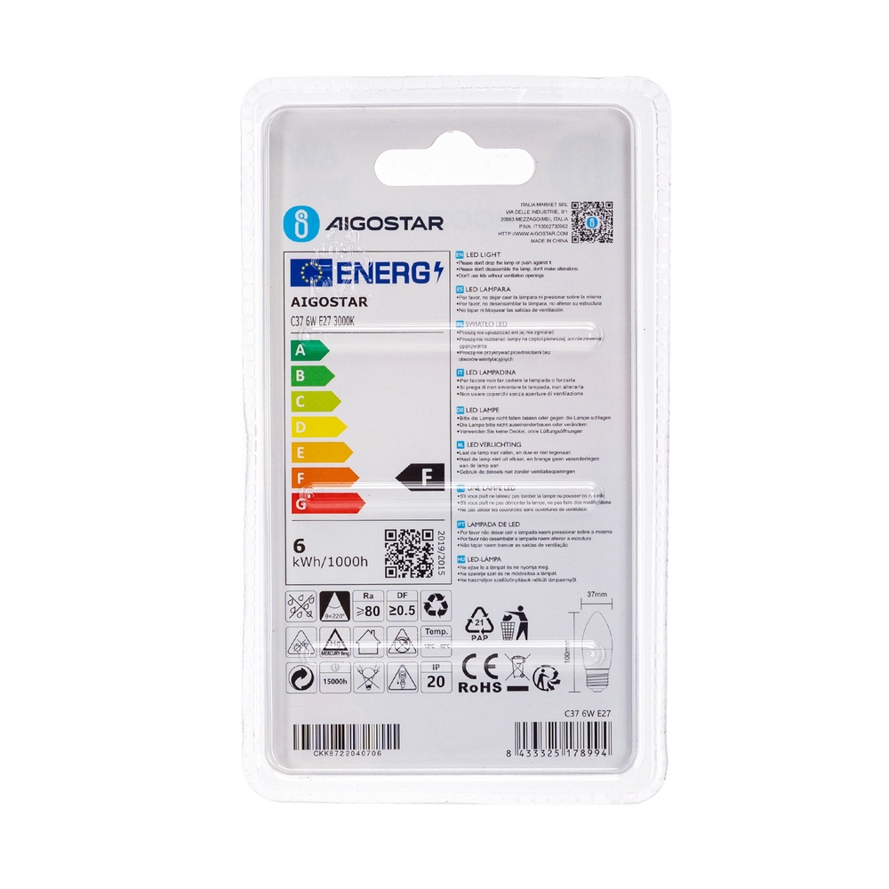Lampadina Led E27 C35 a candela 6W Bianco caldo 3000K Aigostar - Foto 3