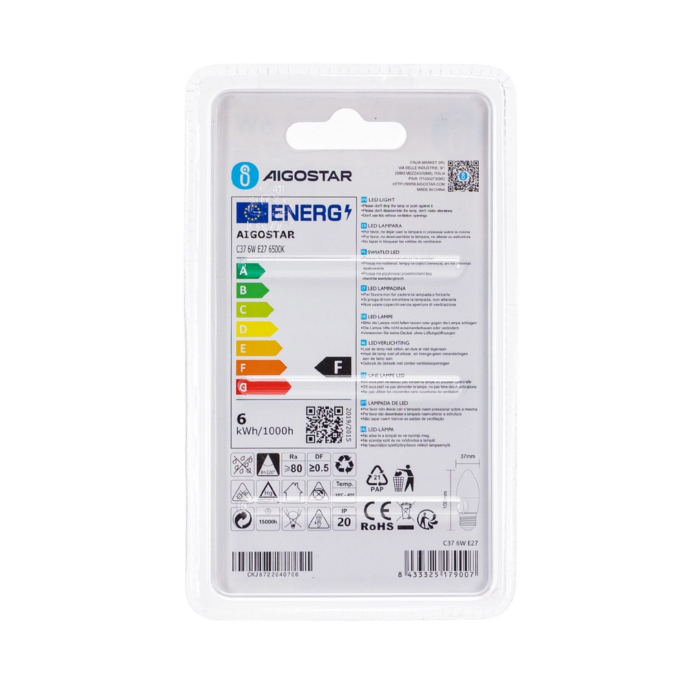 Lampadina Led E27 C35 a candela 6W Bianco freddo 6400K Aigostar - Foto 3
