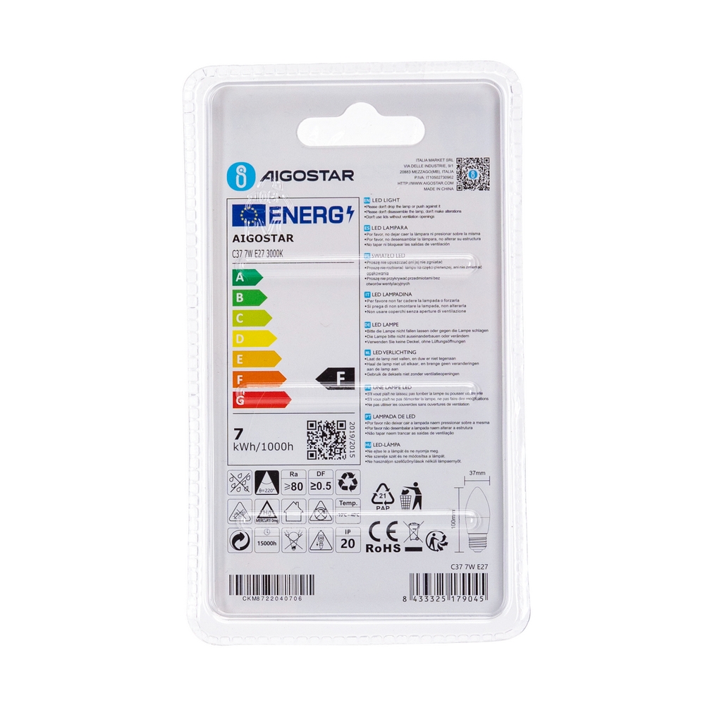 Lampadina Led E27 C35 a candela 7W Bianco caldo 3000K Aigostar - Foto 3