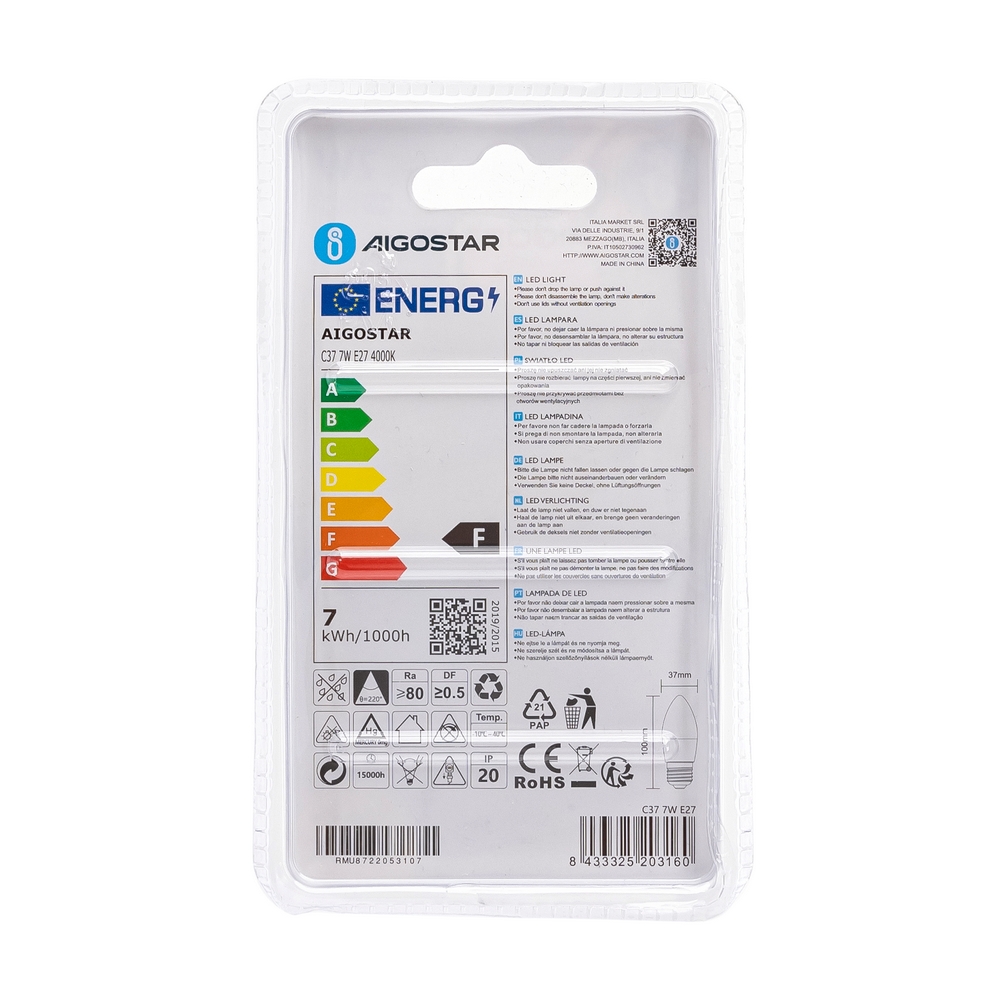 Lampadina Led E27 C35 a candela 7W Bianco neutro 4000K Aigostar - Foto 3