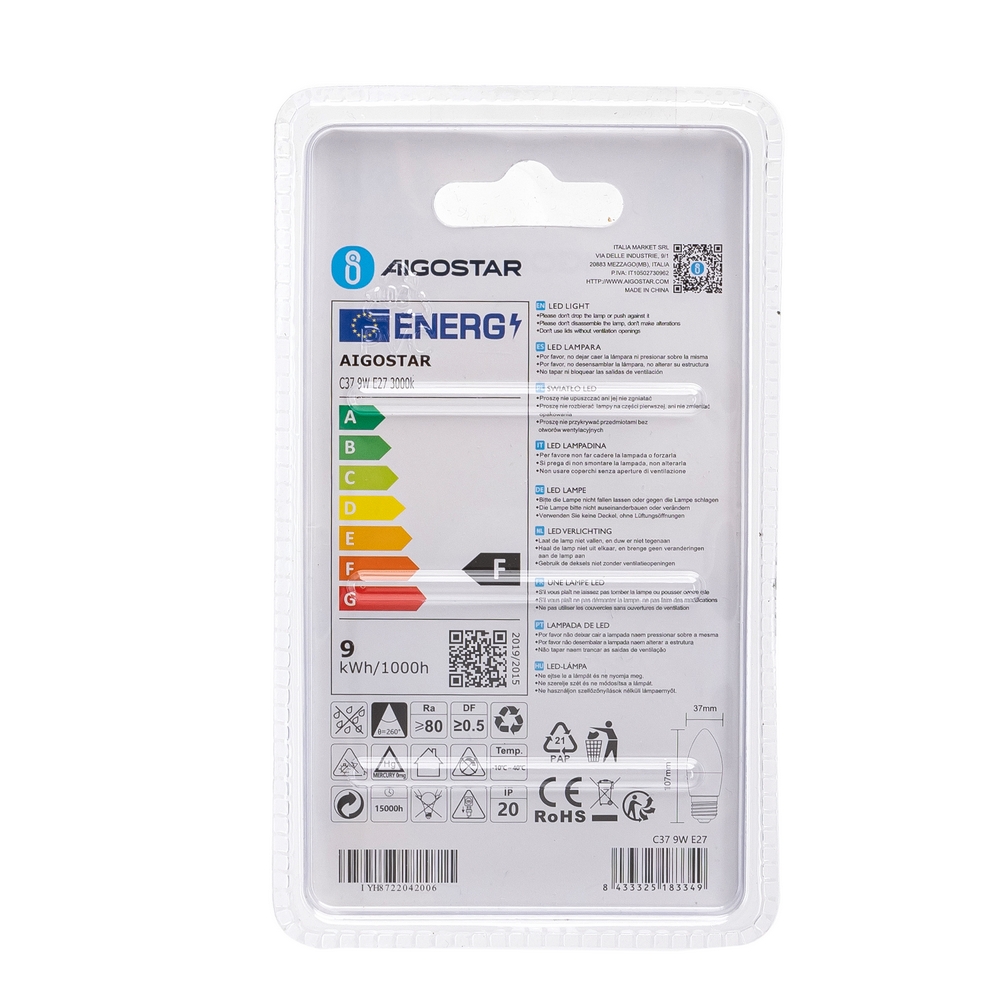 Lampadina Led E27 C35 a candela 9W Bianco caldo 3000K Aigostar - Foto 3