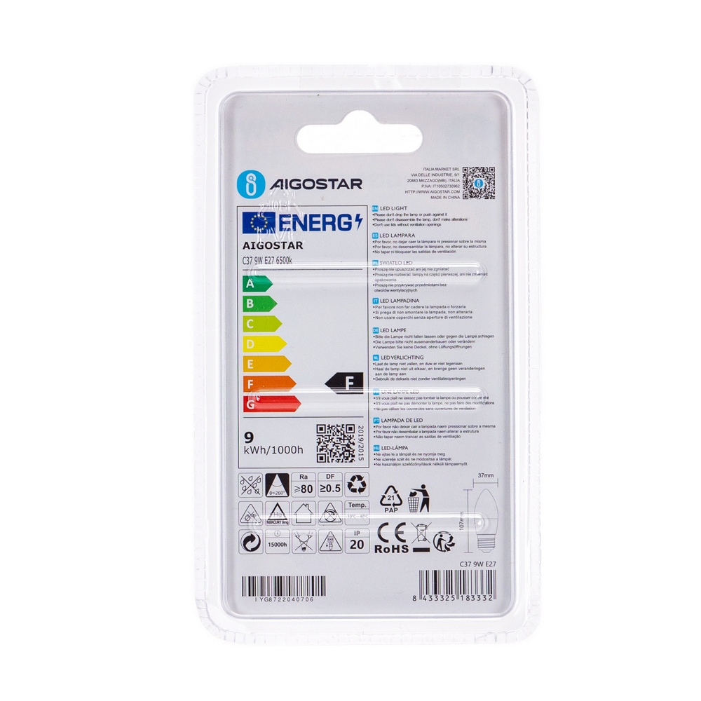 Lampadina Led E27 C35 a candela 9W Bianco freddo 6400K Aigostar - Foto 3