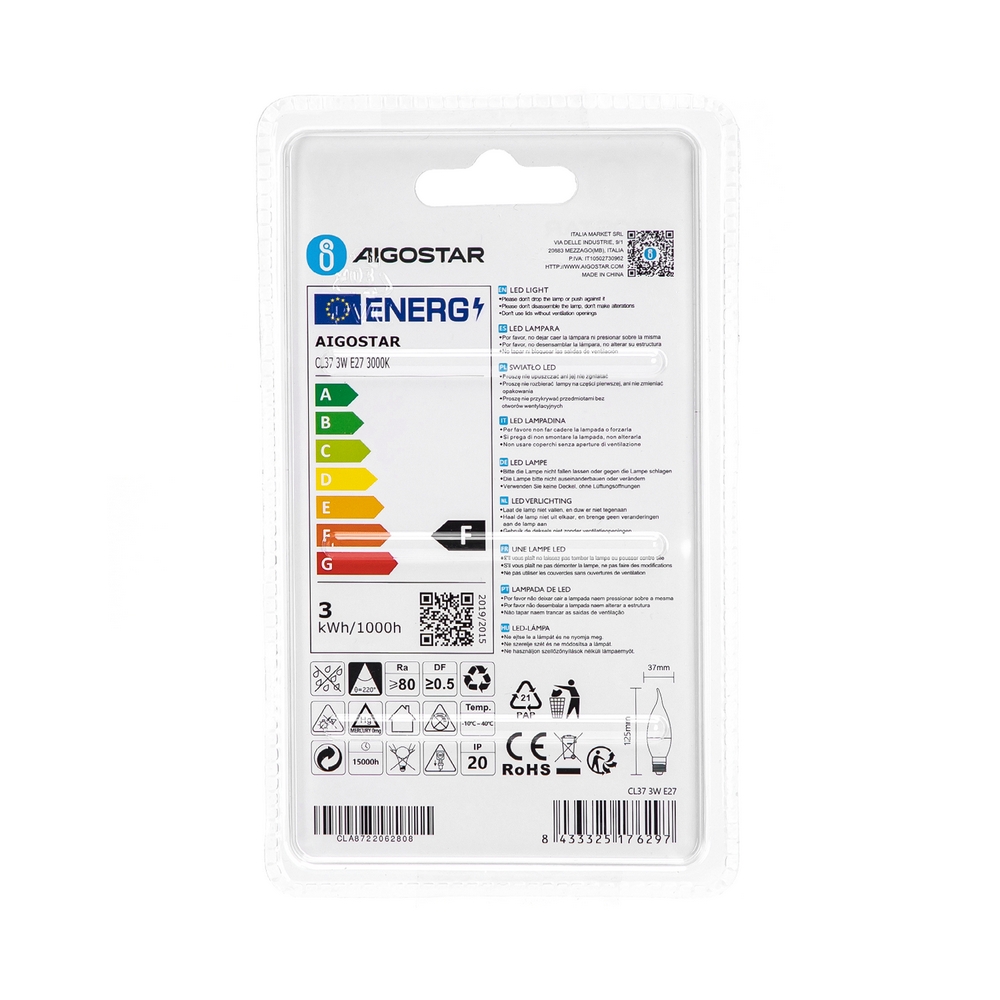 Lampadina Led E27 CL37 a colpo di vento 3W Bianco caldo 3000K Aigostar - Foto 3