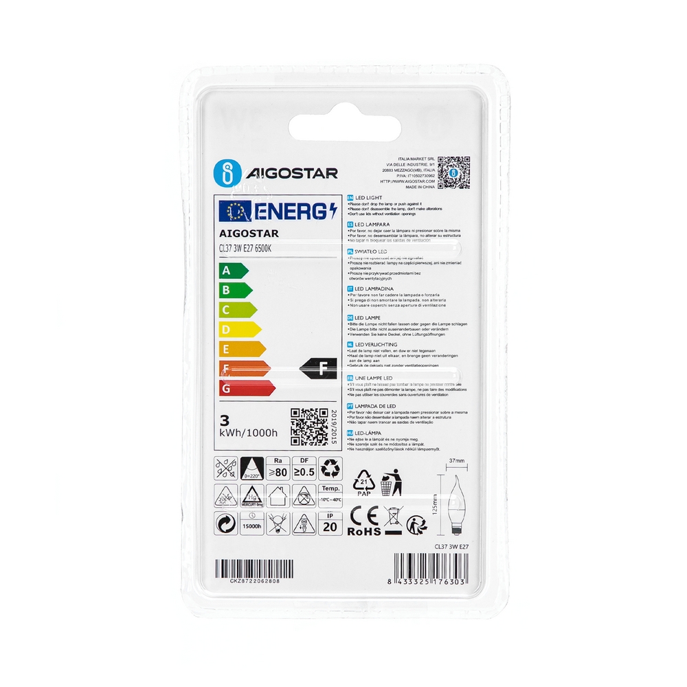 Lampadina Led E27 CL37 a colpo di vento 3W Bianco freddo 6400K Aigostar - Foto 3