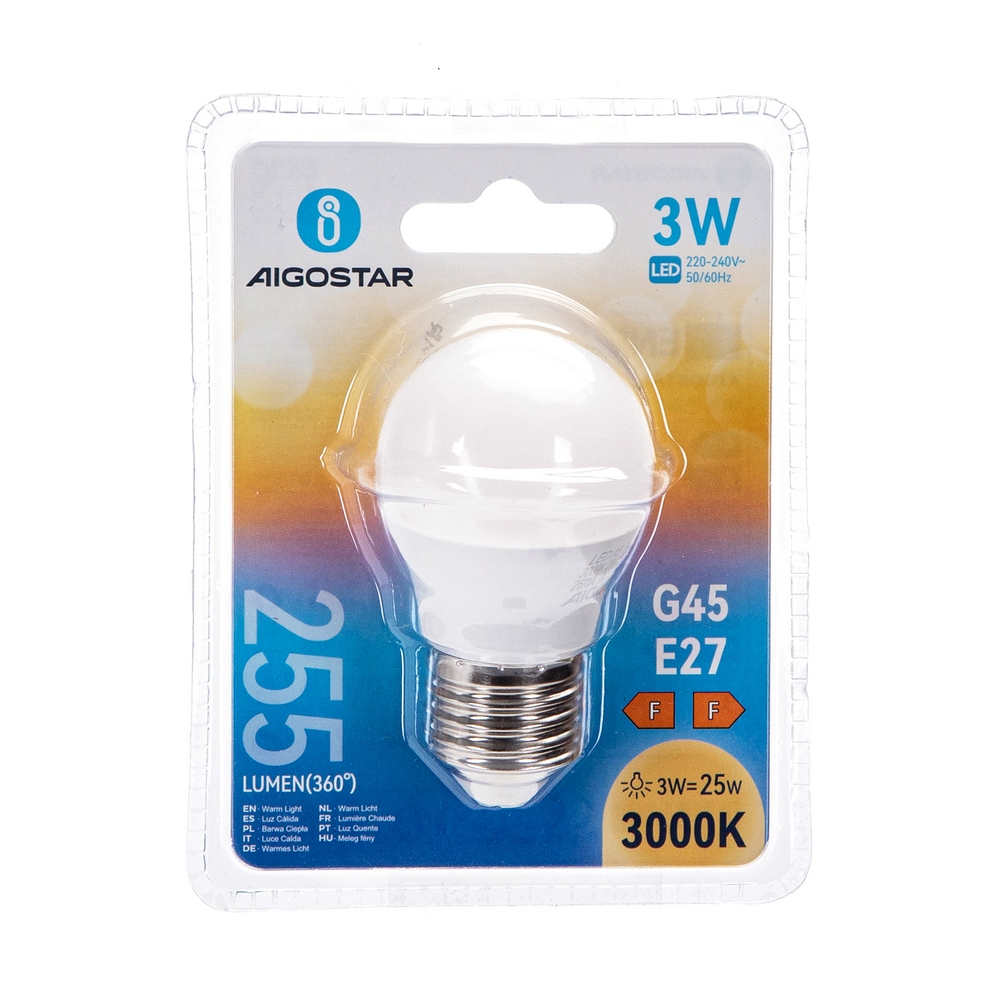 Lampadina Led E27 G45 a sfera 3W Bianco caldo 3000K Aigostar - Foto 2