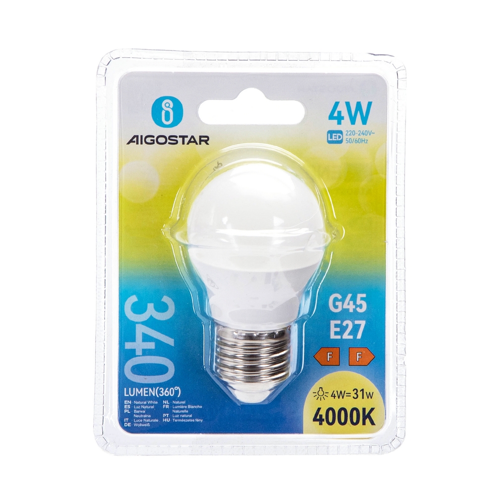 Lampadina Led E27 G45 a sfera 4W Bianco neutro 4000K Aigostar - Foto 2