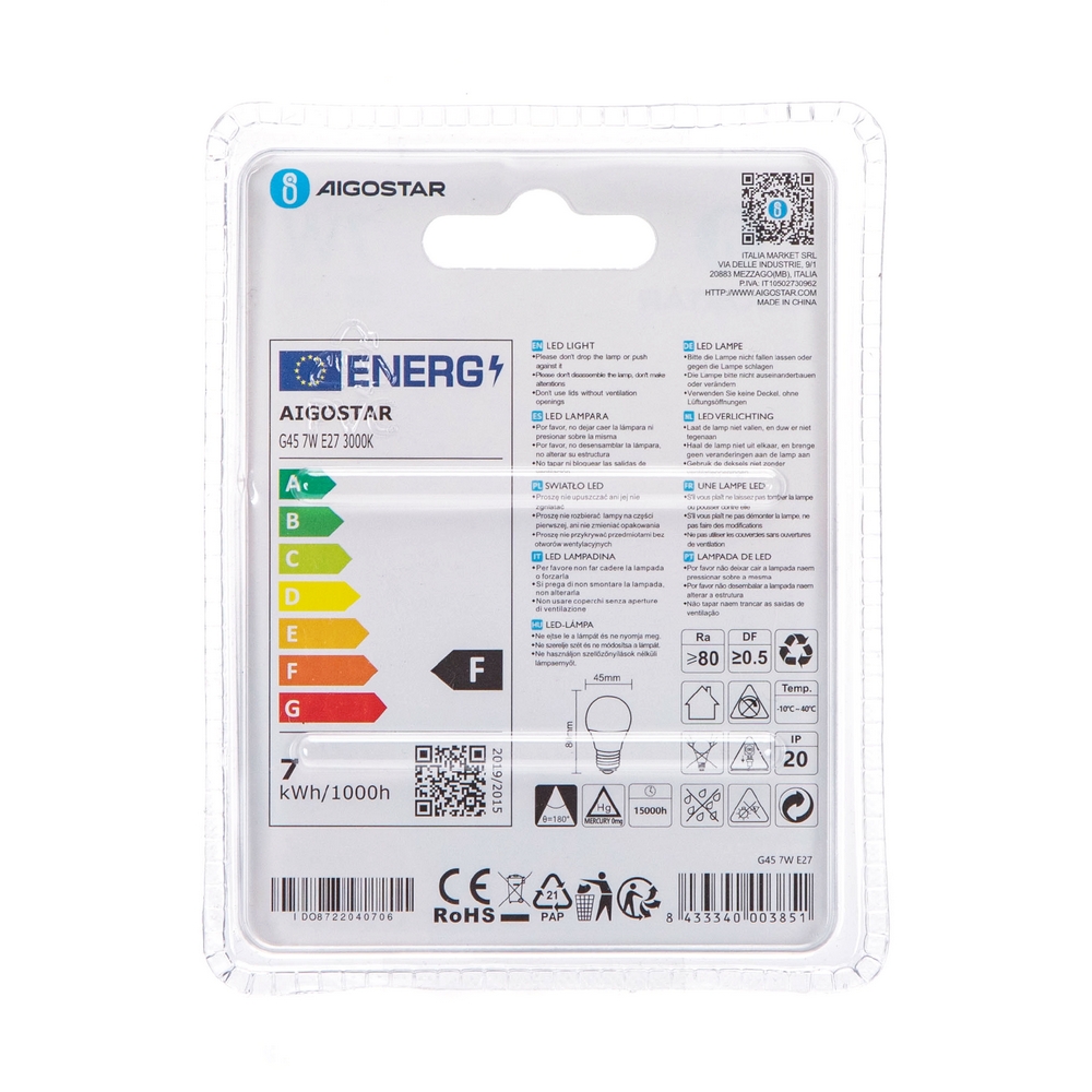 Lampadina Led E27 G45 a sfera 7W Bianco caldo 3000K Aigostar - Foto 3