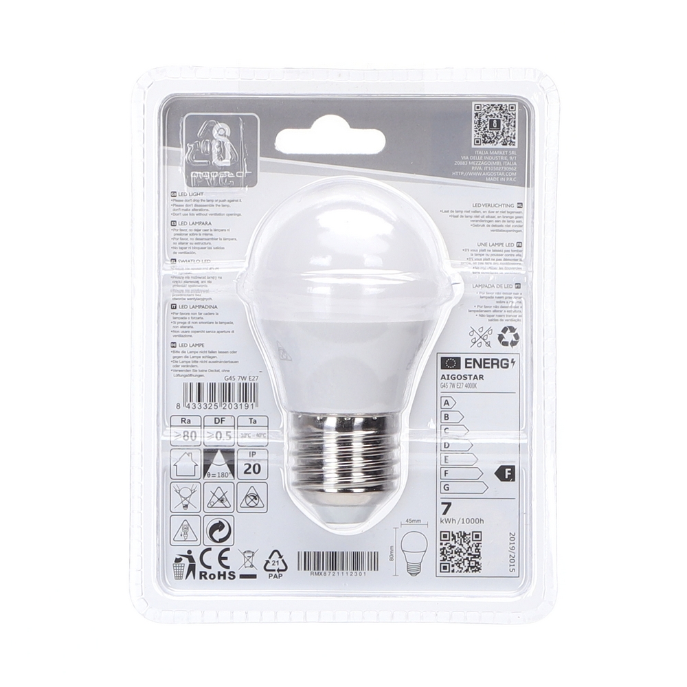 Lampadina Led E27 G45 a sfera 7W Bianco neutro 4000K Aigostar - Foto 3