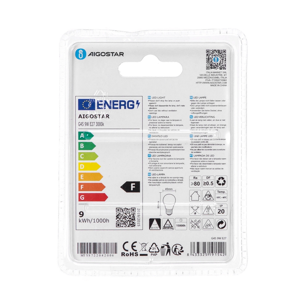 Lampadina Led E27 G45 a sfera 9W Bianco caldo 3000K Aigostar - Foto 3