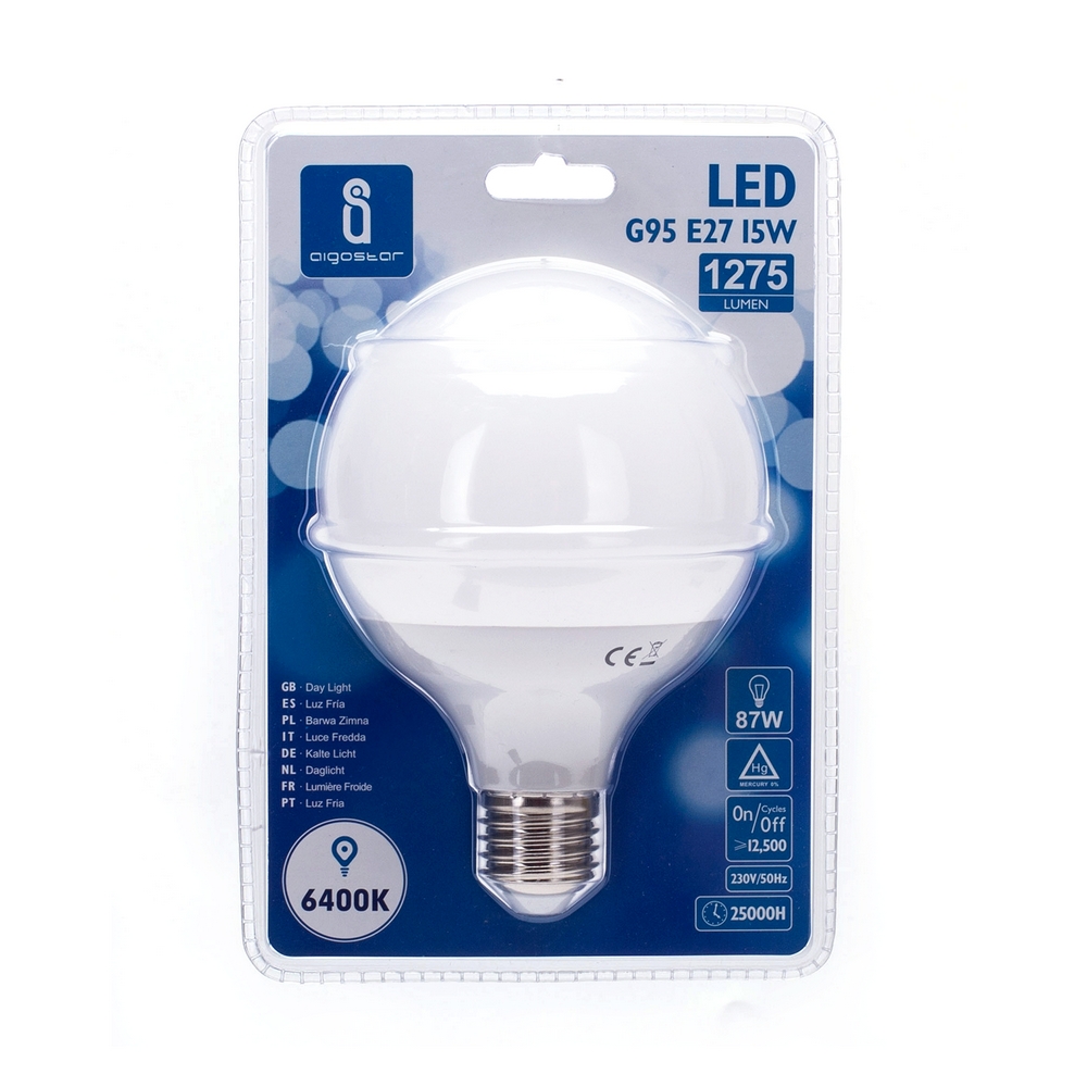 Lampadina Led E27 G95 a globo 15W Bianco freddo 6400K Aigostar - Foto 1
