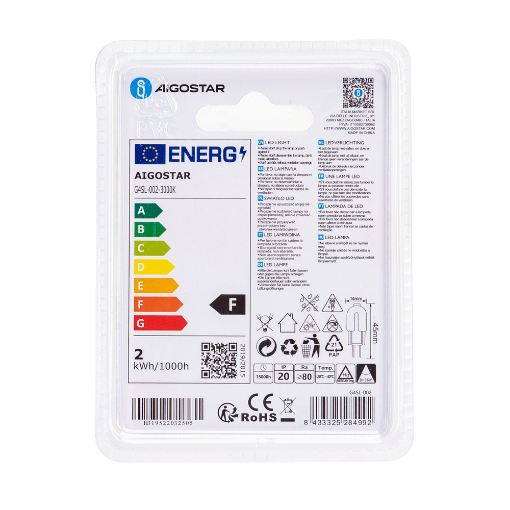 Lampadina Led G4 a Capsula 1,7W SMD trasparente Bianco caldo 3000K Aigostar - Foto 3