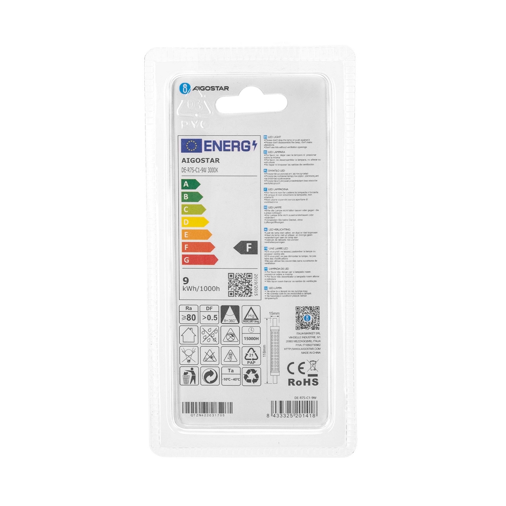 Lampadina Led R7S Lineare 118mm 9W SMD Bianco caldo 3000K Aigostar - Foto 3